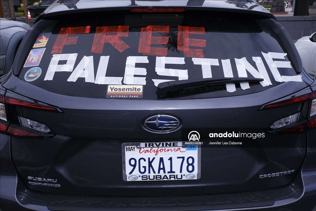 Pro-Palestinian protesters demonstrate during the 96th Academy Awards