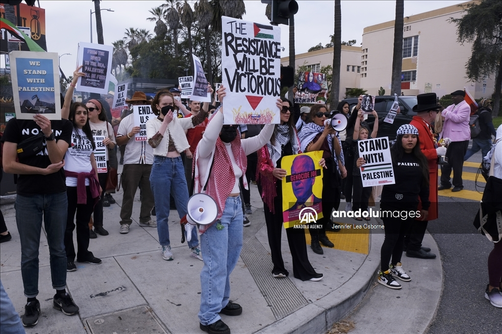 Pro-Palestinian protesters demonstrate during the 96th Academy Awards