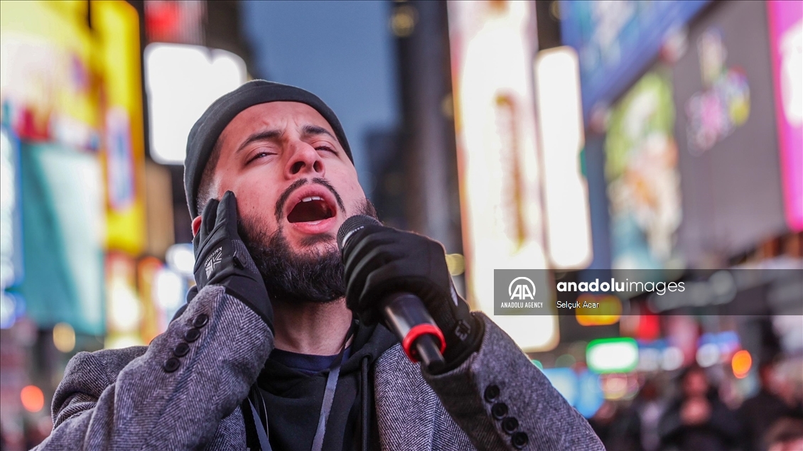 The first tarawih prayer of 2024 performed in Times Square, New York 