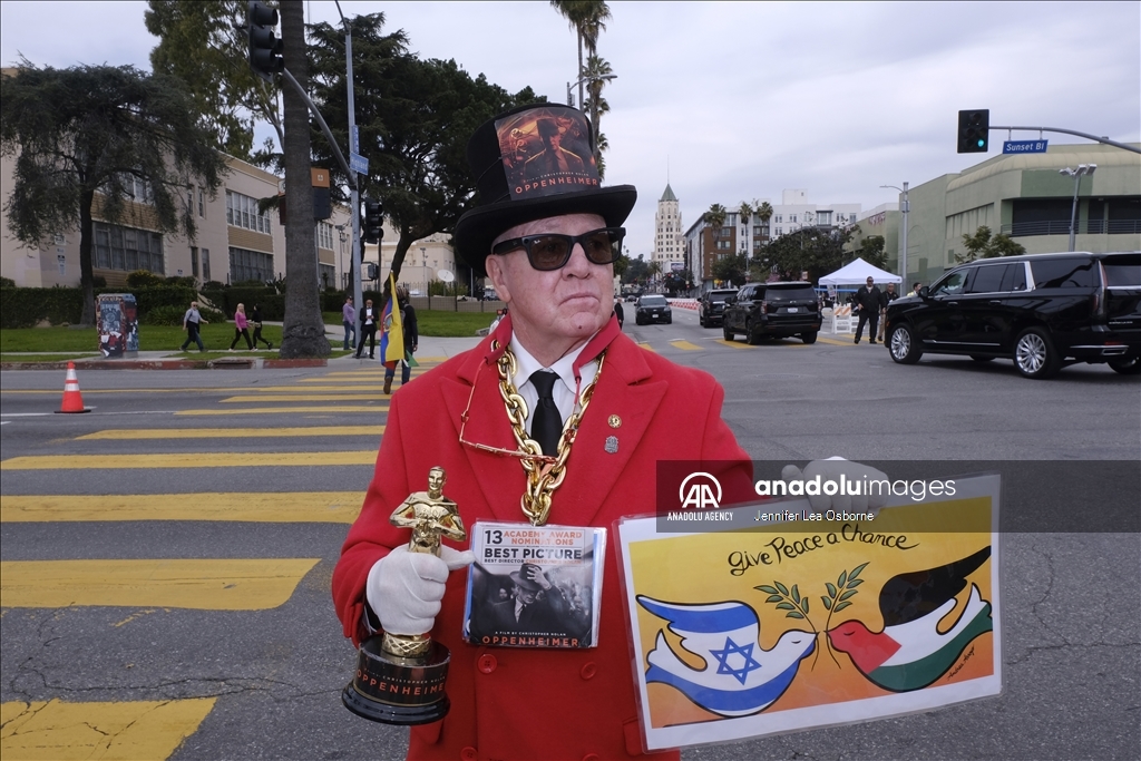 Pro-Palestinian protesters demonstrate during the 96th Academy Awards