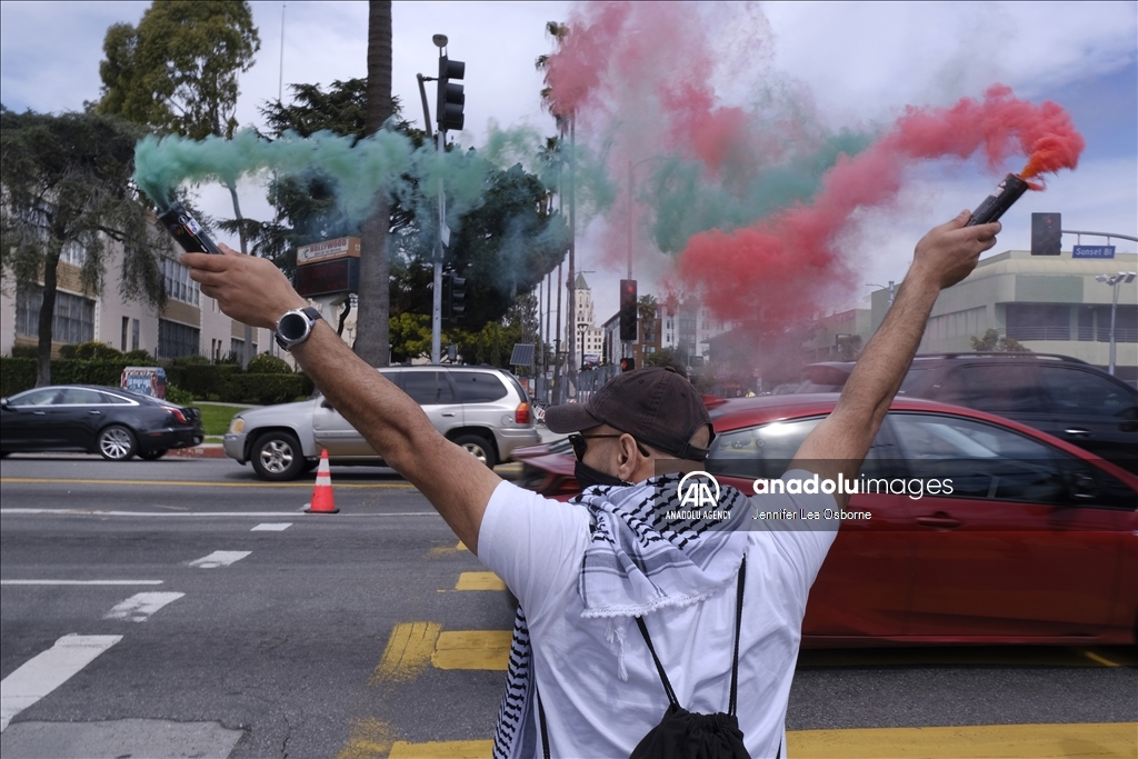 Pro-Palestinian protesters demonstrate during the 96th Academy Awards
