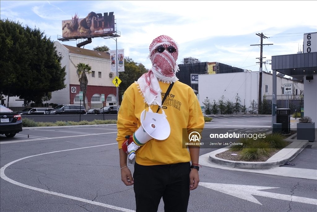 Pro-Palestinian protesters demonstrate during the 96th Academy Awards