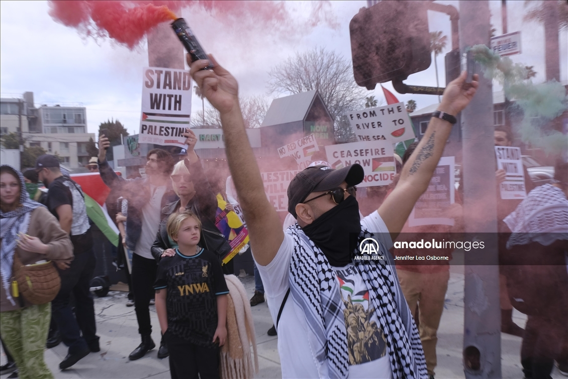 Pro-Palestinian protesters demonstrate during the 96th Academy Awards