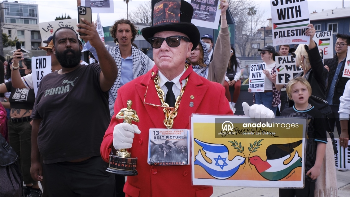 Pro-Palestinian protesters demonstrate during the 96th Academy Awards