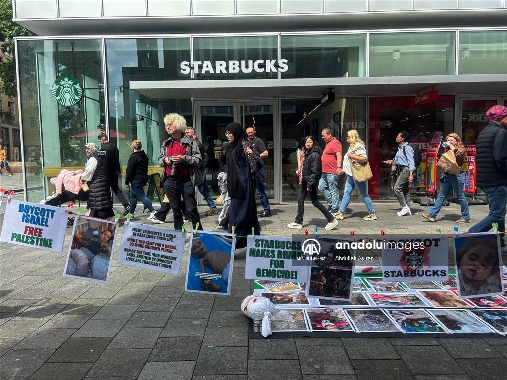 People gather in front of Starbucks branches to protest against Israel in Rotterdam