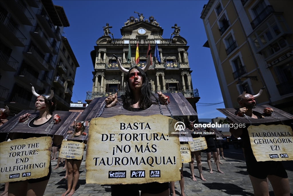 Anti bullfighting demonstrators in Spain protest before the San Fermin Festival