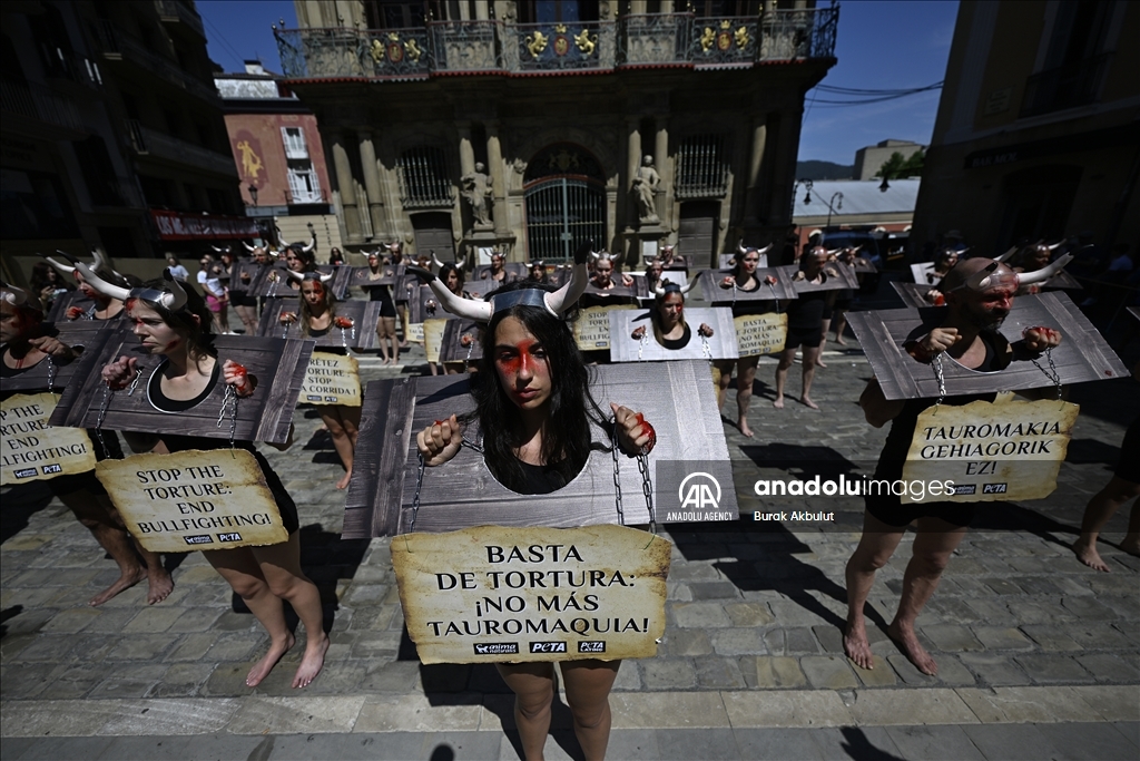 Anti bullfighting demonstrators in Spain protest before the San Fermin Festival