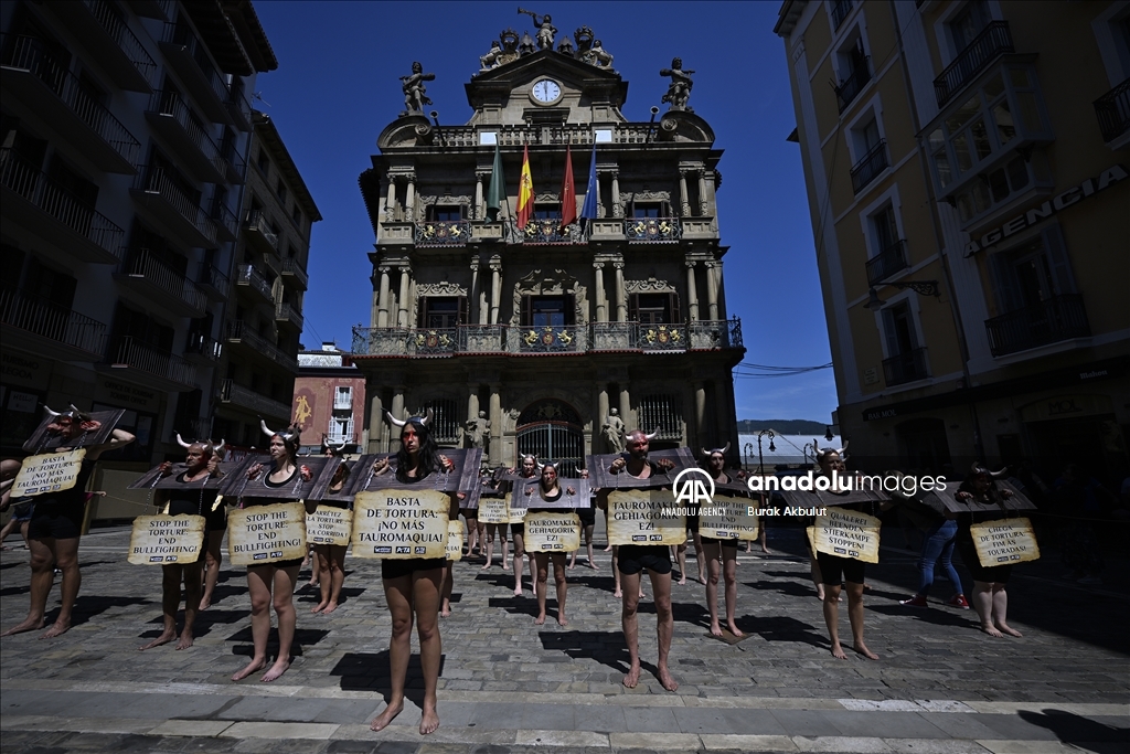 Anti bullfighting demonstrators in Spain protest before the San Fermin Festival