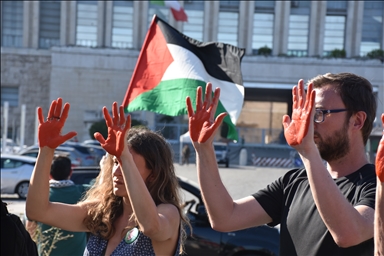 Pro-Palestinian demonstrators gather in front of the Italian Foreign Ministry to demand “Stop the genocide”