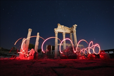 Perseid meteor shower at Acropolis of Bergama in Izmir