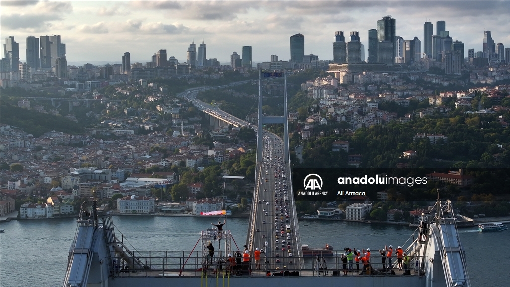 Red Bull athlete Jaan Roose walks tightrope from Asia to Europe over bridge in Turkiye's Istanbul