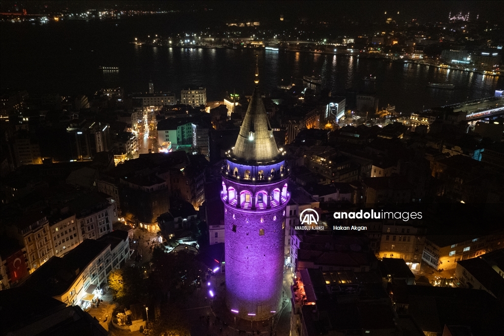 İstanbul'un simgeleri Dünya Prematüre Günü dolayısıyla mor renkle ışıklandırıldı