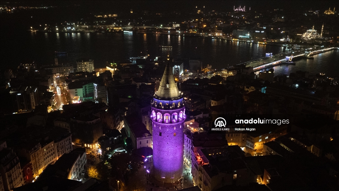 İstanbul'un simgeleri Dünya Prematüre Günü dolayısıyla mor renkle ışıklandırıldı