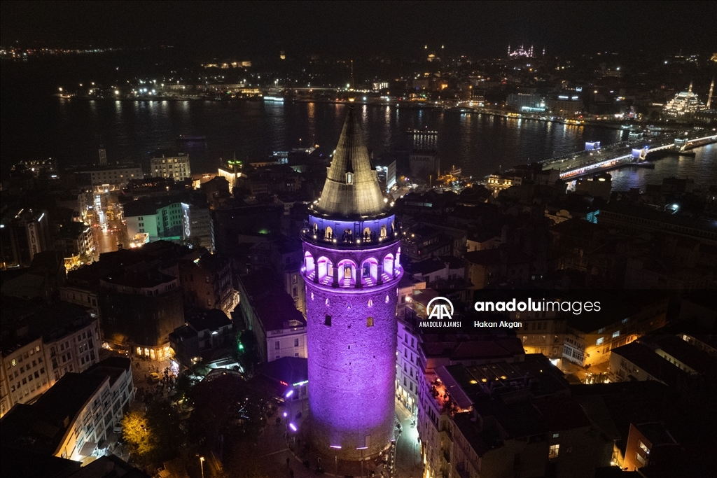 İstanbul'un simgeleri Dünya Prematüre Günü dolayısıyla mor renkle ışıklandırıldı