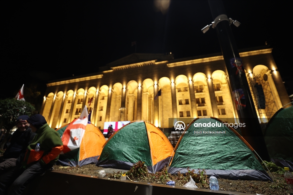 Georgian opposition protests against election results set up tent in front of parliament