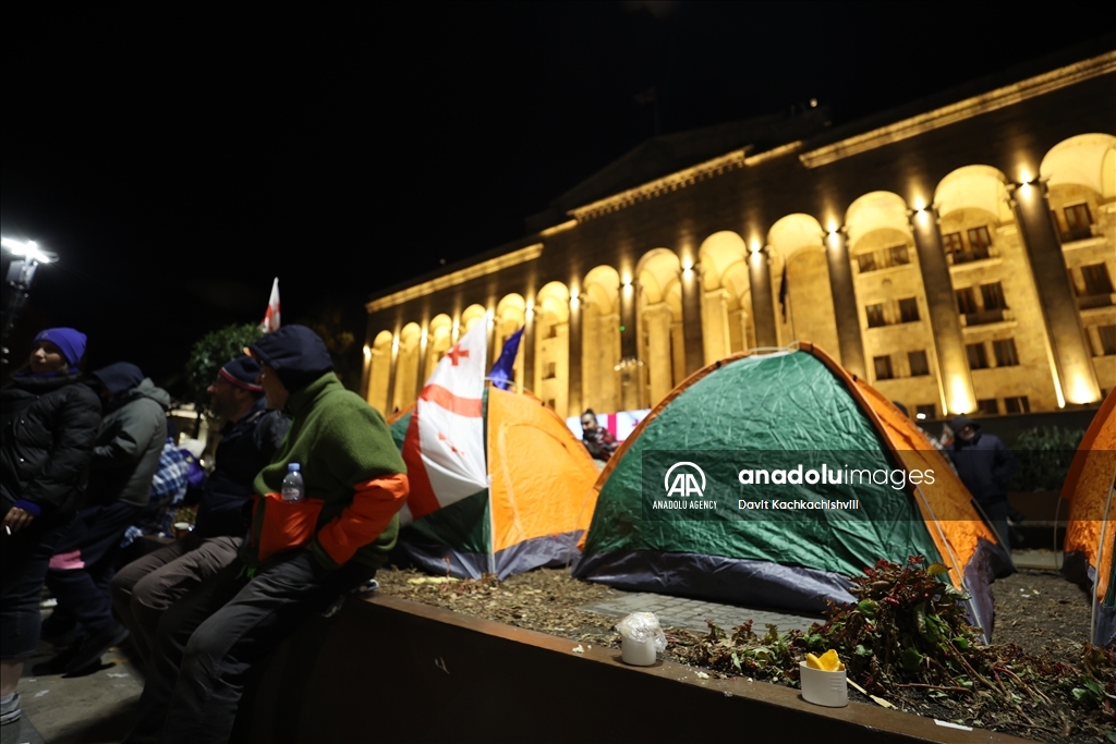 Georgian opposition protests against election results set up tent in front of parliament