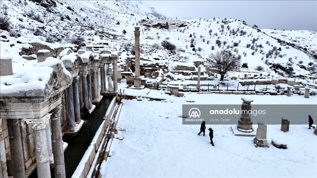 Snow covers Sagalassos Ancient City in Turkiye's Burdur