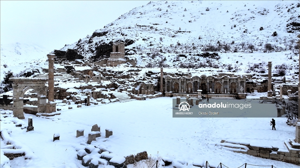 Snow covers Sagalassos Ancient City in Turkiye's Burdur