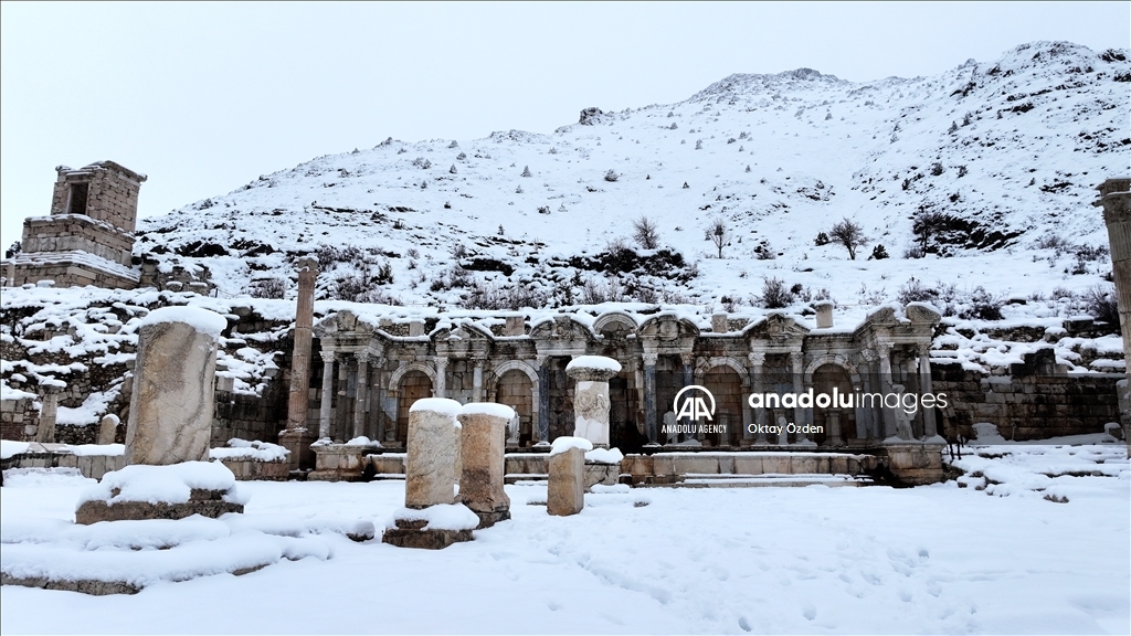 Snow covers Sagalassos Ancient City in Turkiye's Burdur