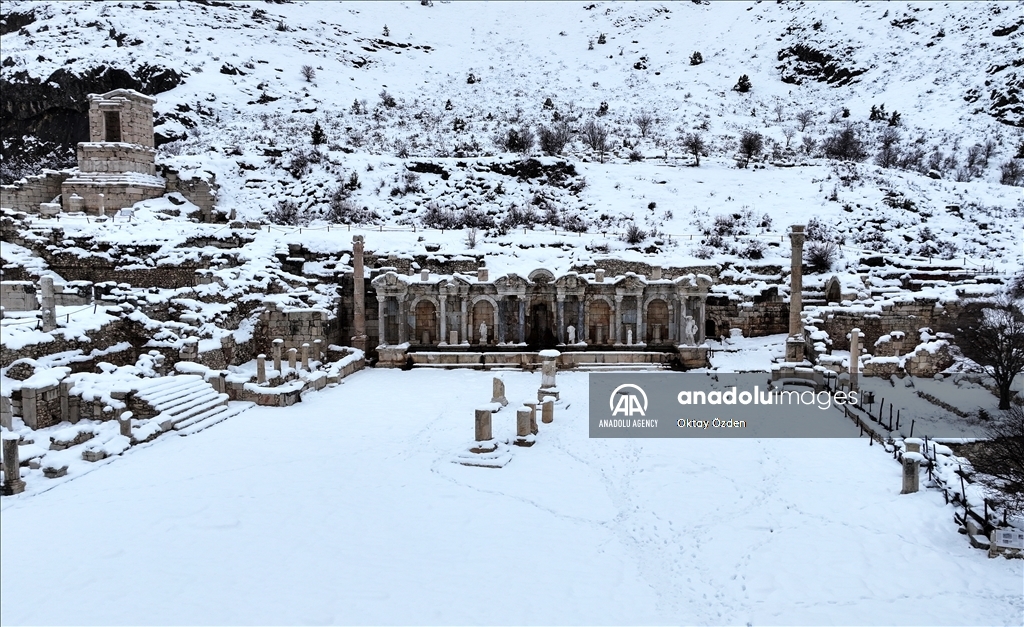 Snow covers Sagalassos Ancient City in Turkiye's Burdur