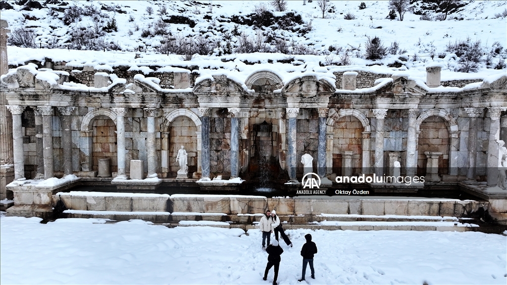 Snow covers Sagalassos Ancient City in Turkiye's Burdur