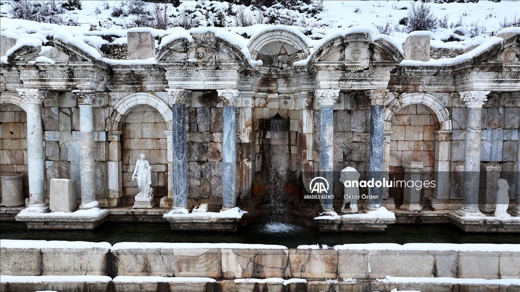 Snow covers Sagalassos Ancient City in Turkiye's Burdur
