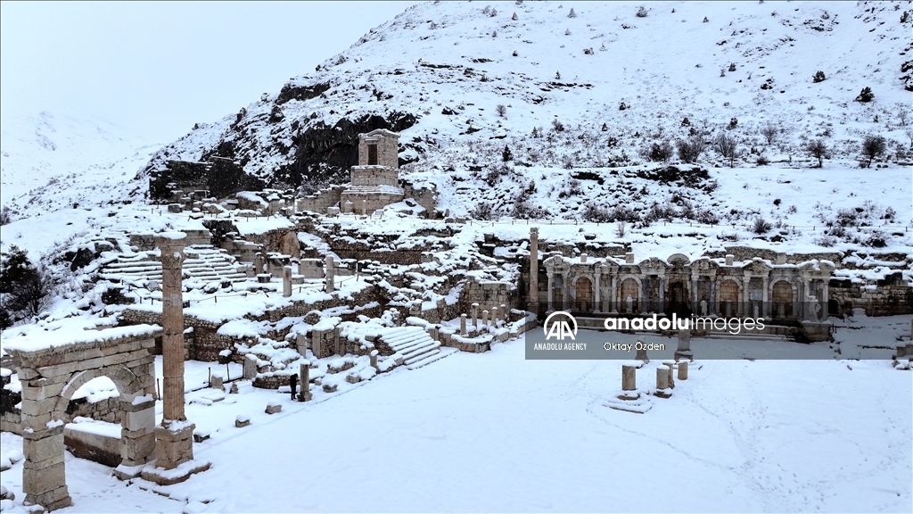 Snow covers Sagalassos Ancient City in Turkiye's Burdur