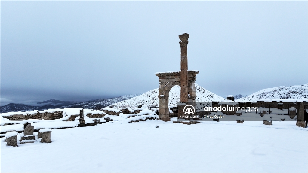 Snow covers Sagalassos Ancient City in Turkiye's Burdur