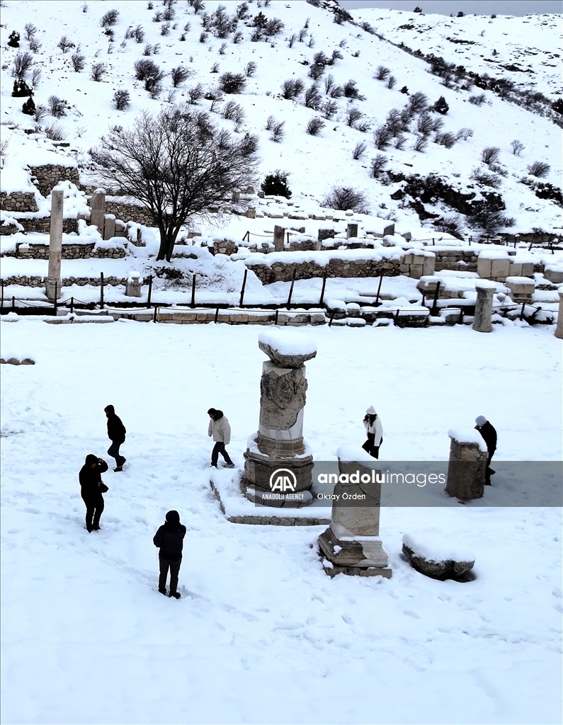 Snow covers Sagalassos Ancient City in Turkiye's Burdur