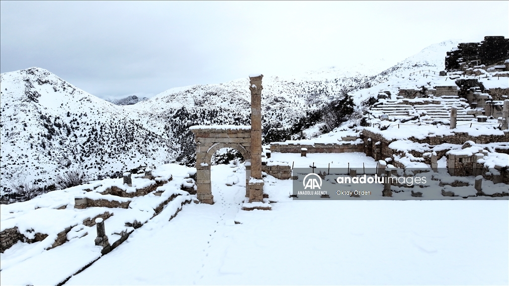 Snow covers Sagalassos Ancient City in Turkiye's Burdur