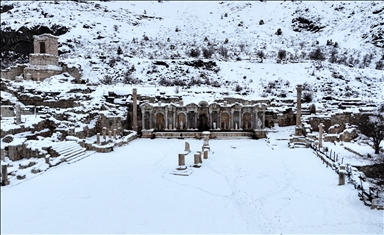 Snow covers Sagalassos Ancient City in Turkiye's Burdur