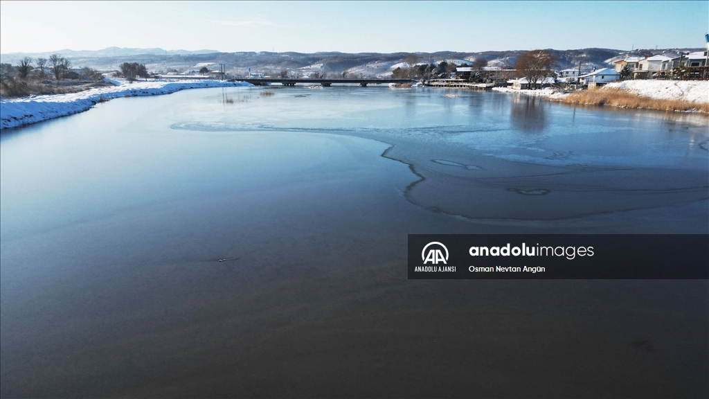 Sakarya'da göl ve su kanalının yüzeyi buz tuttu