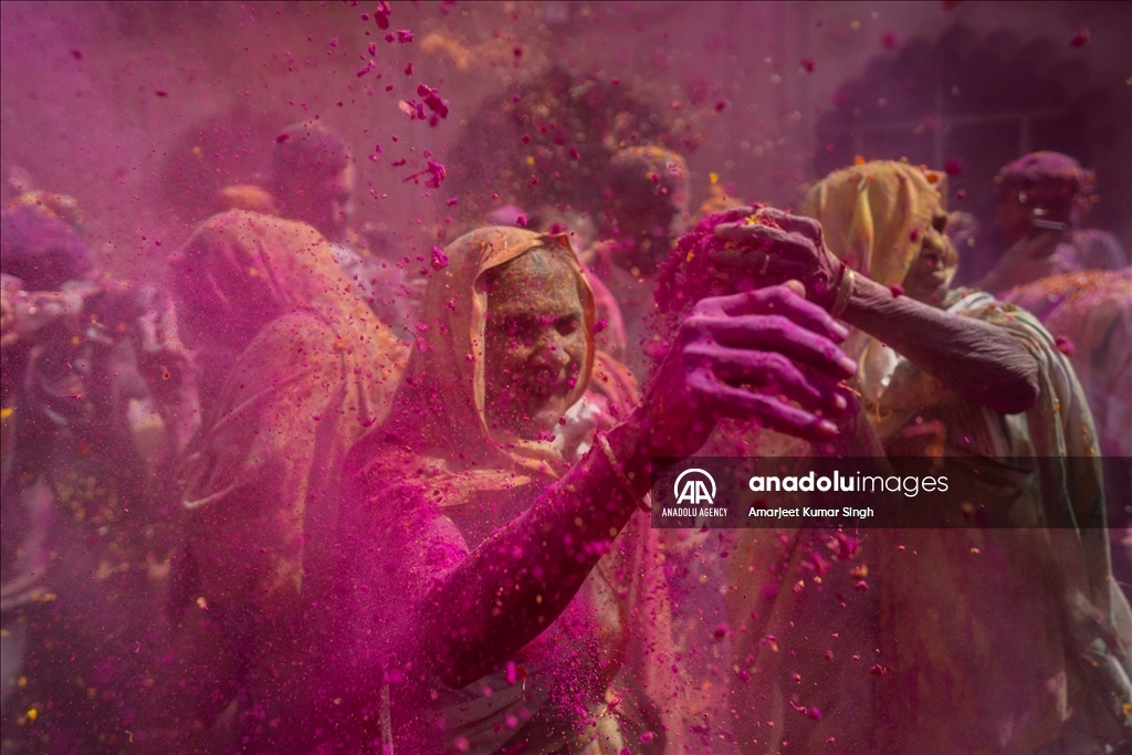 Indian widows participate at the Holi festival in India