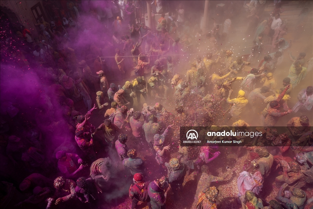 Indian widows participate at the Holi festival in India