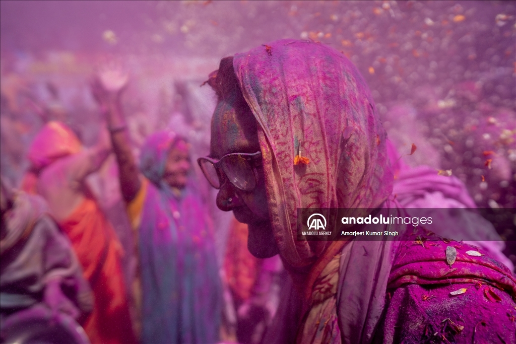Indian widows participate at the Holi festival in India