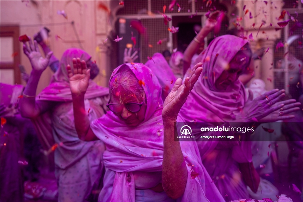 Indian widows participate at the Holi festival in India