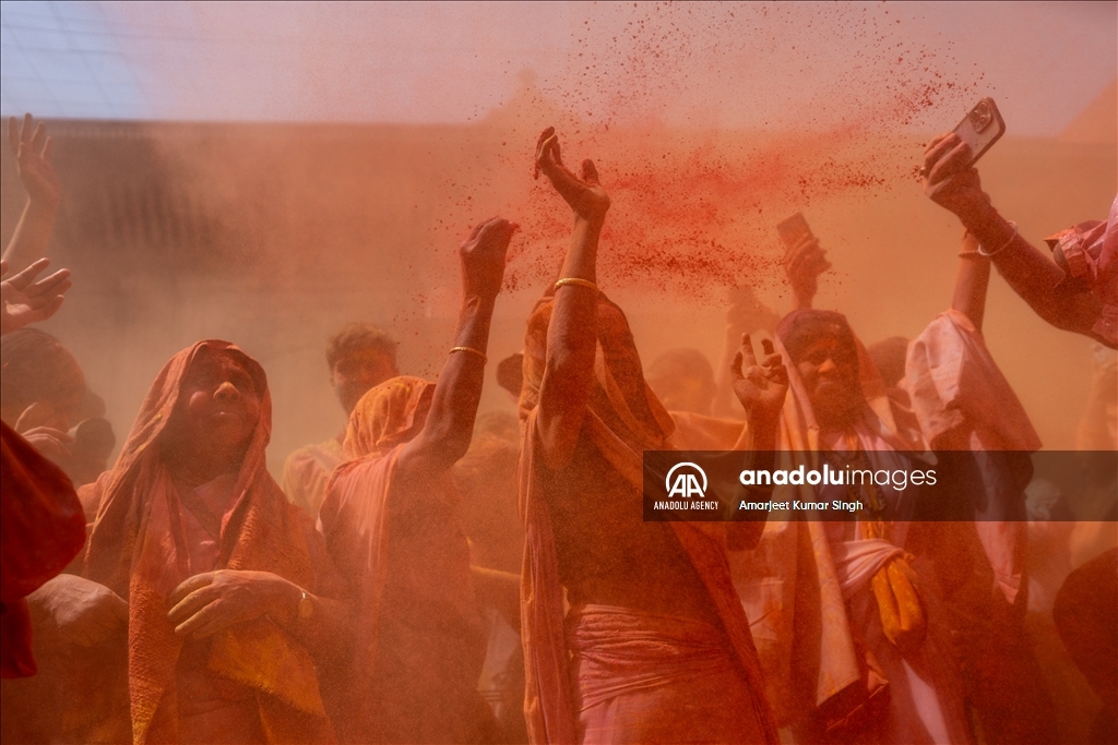 Indian widows participate at the Holi festival in India