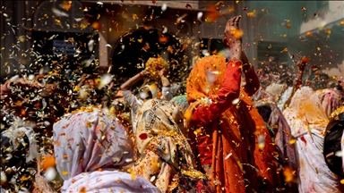 Indian widows participate at the Holi festival in India