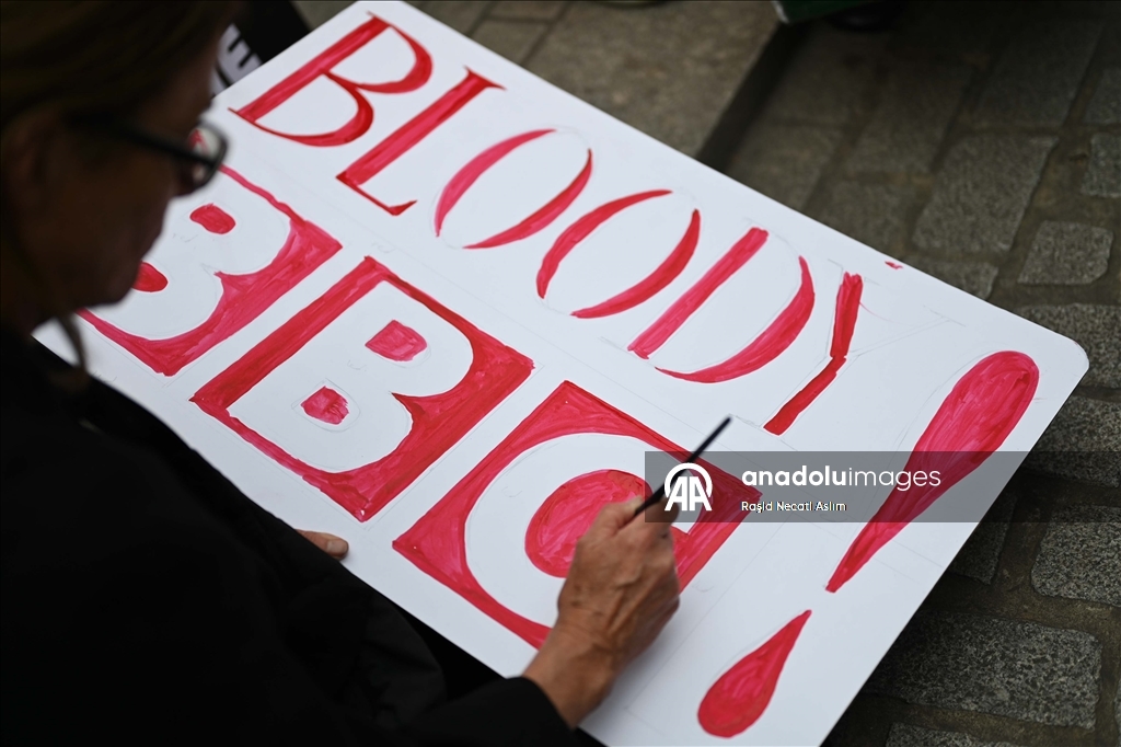 Pro-Palestinians demonstrate at the BBC headquarters in London