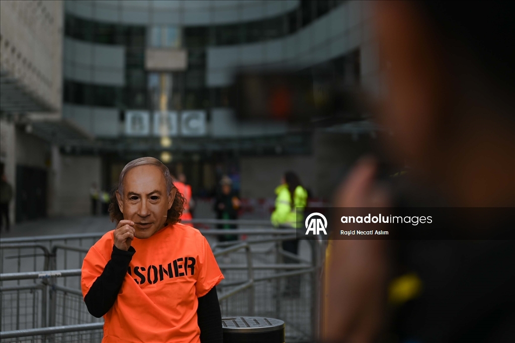 Pro-Palestinians demonstrate at the BBC headquarters in London