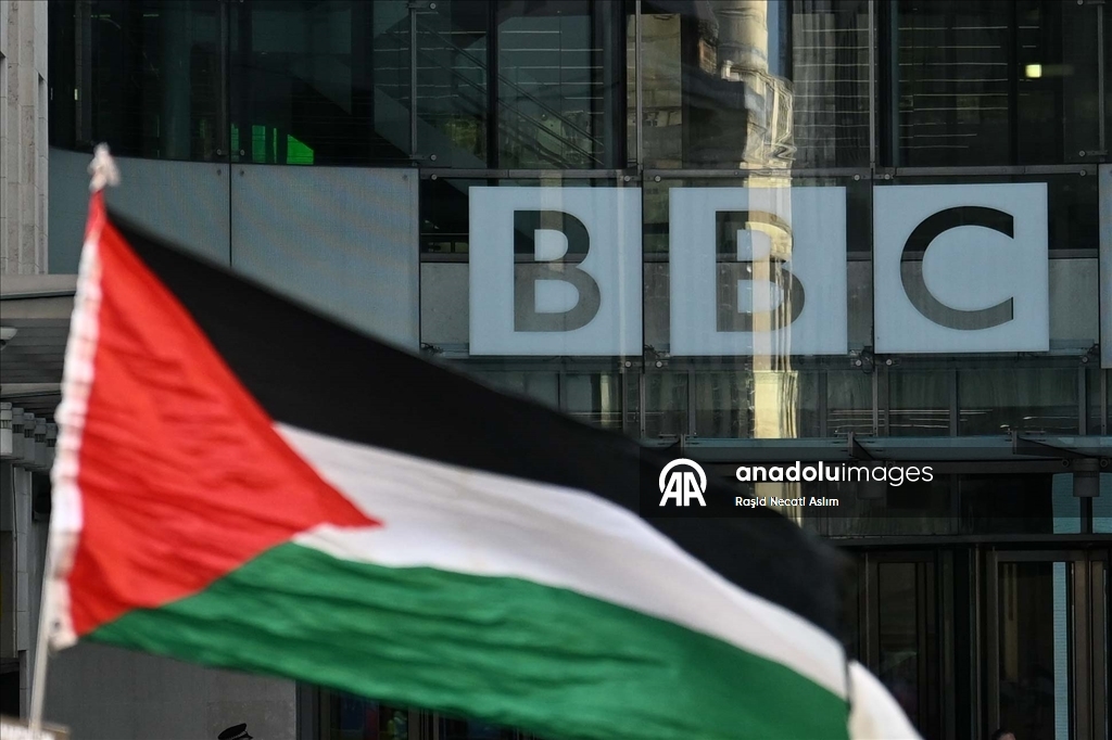 Pro-Palestinians demonstrate at the BBC headquarters in London