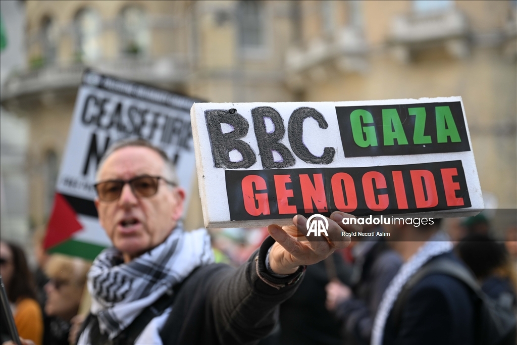 Pro-Palestinians demonstrate at the BBC headquarters in London