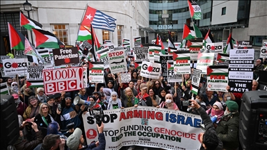 Pro-Palestinians demonstrate at the BBC headquarters in London