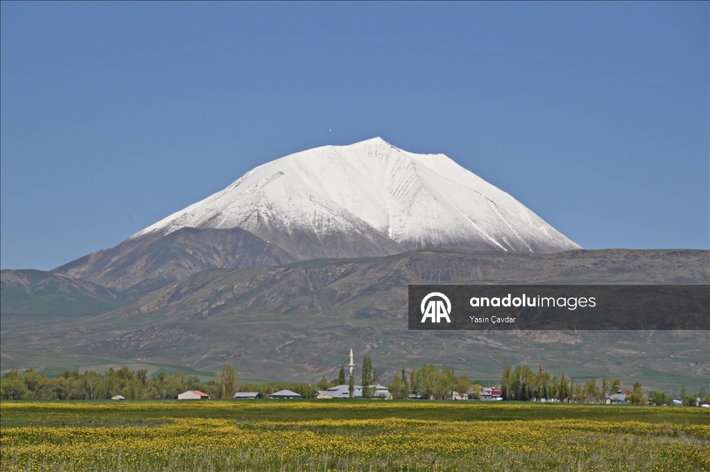 Mount Kosedag's summit covered in snow during spring in Turkiye's Agri