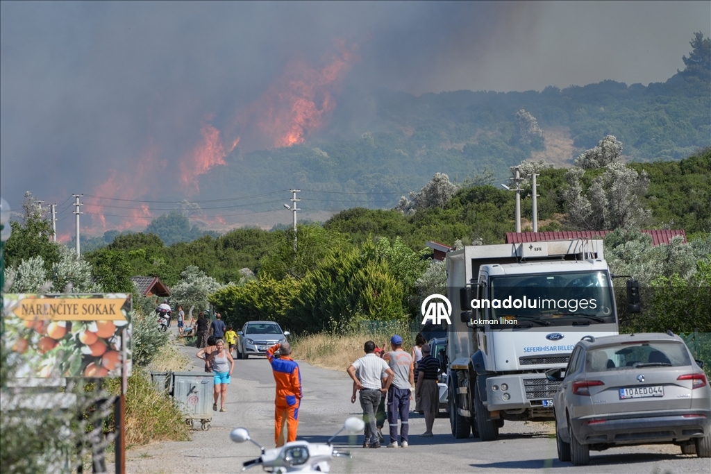 İzmir'de makilik alanda çıkan yangına müdahale ediliyor