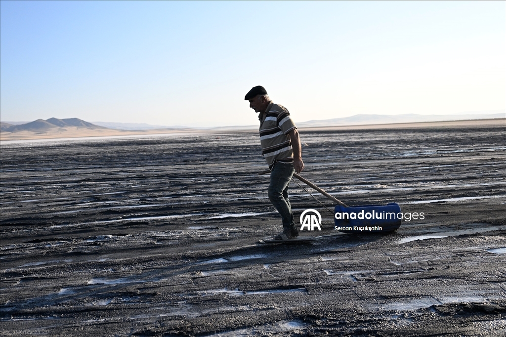Dedesinin yolundan giderek Palas Tuzla Gölü'nden geleneksel yöntemlerle tuz çıkarıyor