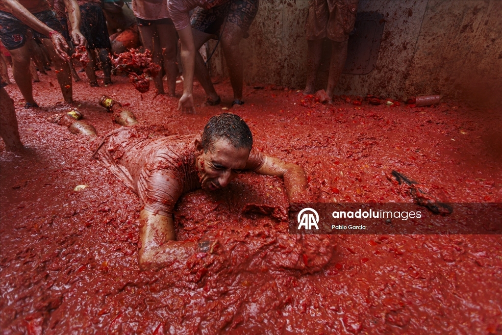 İspanya'daki domates savaşı etkinliğinde binlerce kişi 120 ton domatesi birbirine attı