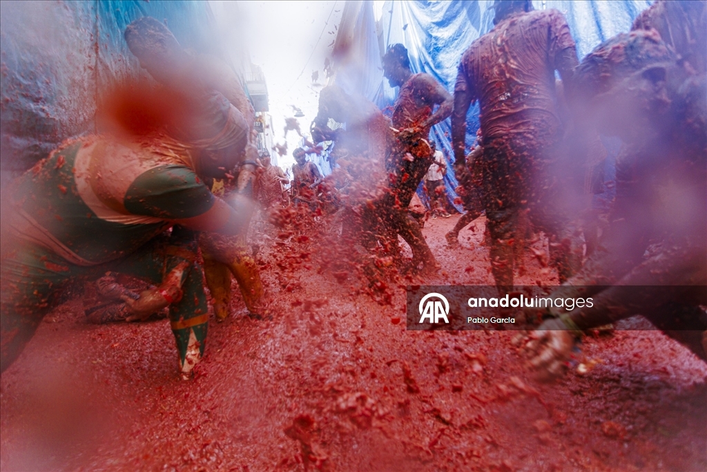 İspanya'daki domates savaşı etkinliğinde binlerce kişi 120 ton domatesi birbirine attı