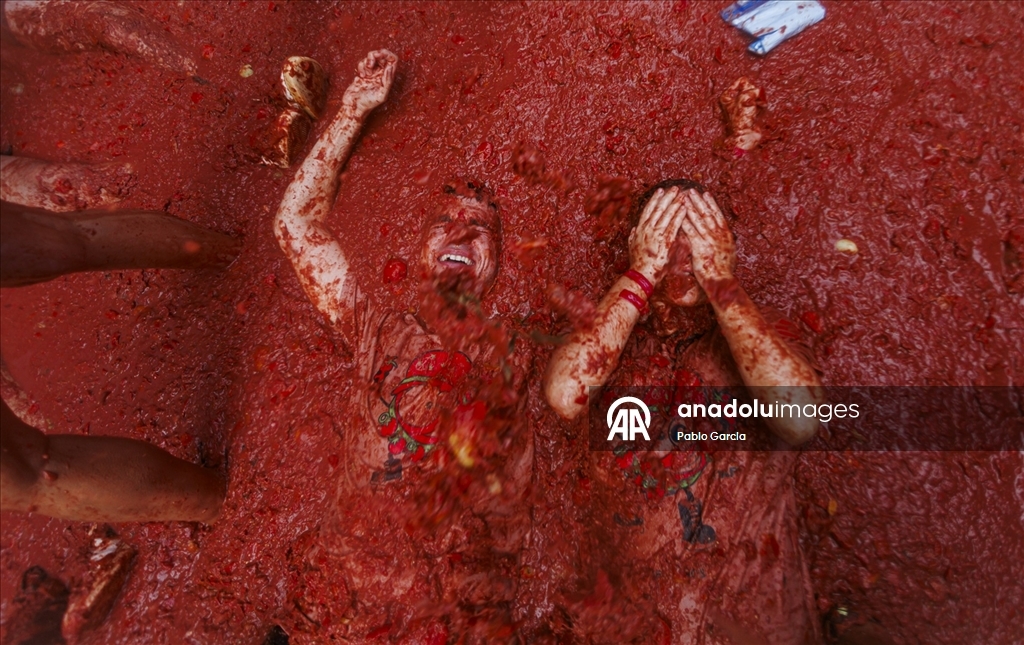 İspanya'daki domates savaşı etkinliğinde binlerce kişi 120 ton domatesi birbirine attı