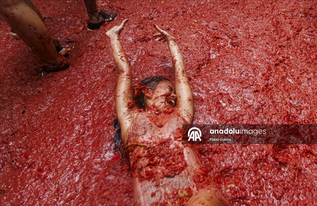 İspanya'daki domates savaşı etkinliğinde binlerce kişi 120 ton domatesi birbirine attı